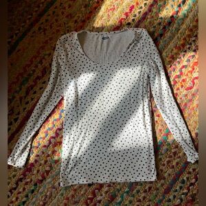 White long sleeve shirt w black polka dots